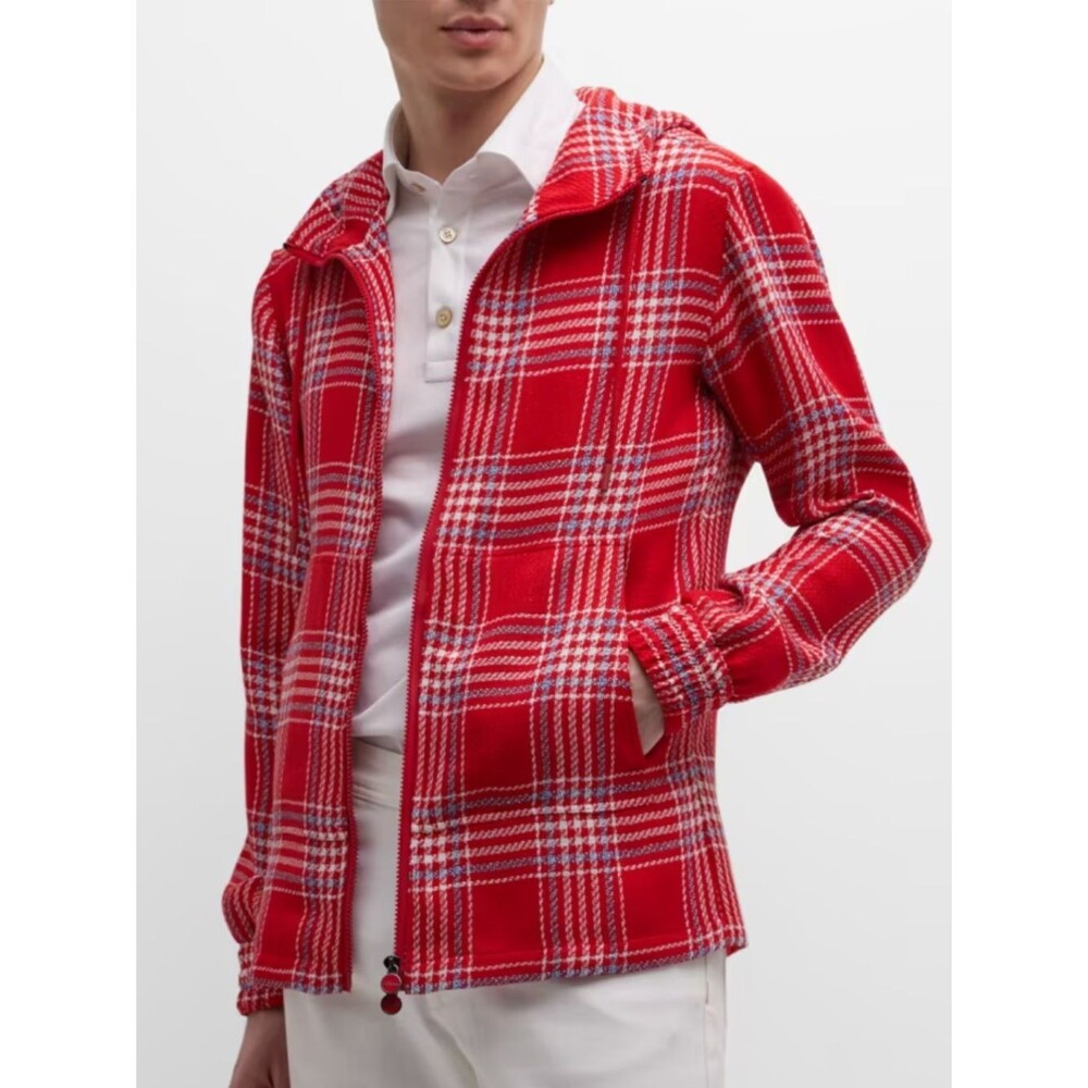 Kiton Plaid Cashmere/Linen Zip Up Hoodie - Red/Blue Medium
